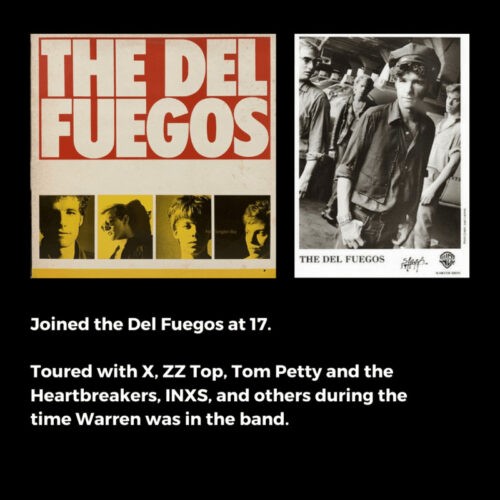 Two images: the left shows an album cover with "The Del Fuegos" in red text above black-and-white portraits of four band members; the right is a black-and-white photo of the band, including Warren Zanes, who joined at 17 and later toured with Bruce Springsteen.