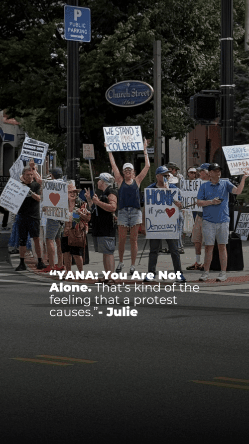 A group of people stand on a street corner holding protest signs with messages like “We stand with Colbert” and “Honk if you care.” The quote “YANA: You Are Not Alone” appears over the image.