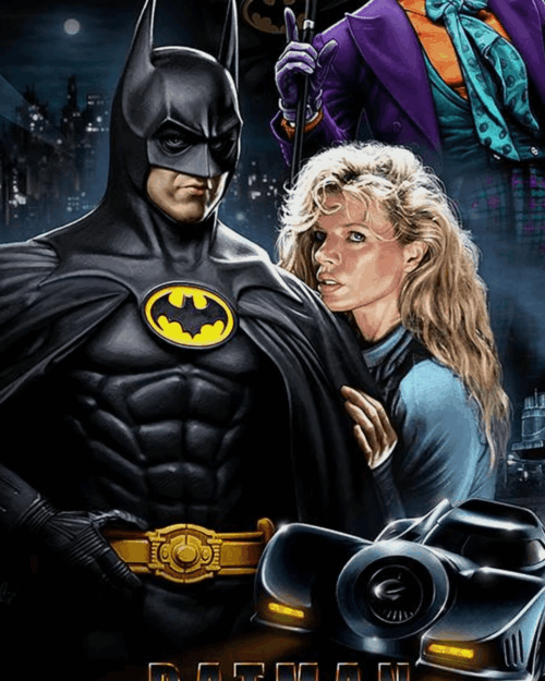 Batman in his black suit stands next to a blonde woman with city lights in the background. The Joker, holding a cane and smiling, appears behind them. The Batmobile is seen at the bottom of the image.