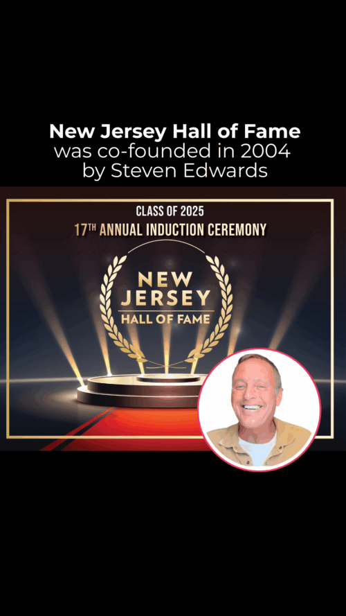 A digital graphic for the New Jersey Hall of Fame 17th Annual Induction Ceremony features a laurel wreath, stage lights, and a circular inset photo of a smiling man. Text credits Steven Edwards as the co-founder in 2004.