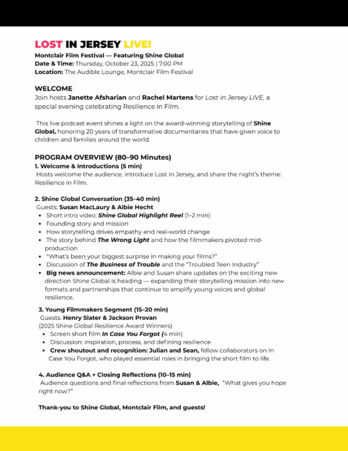 Event flyer for "Lost in Jersey LIVE!" at Montclair Film Festival on October 23, 2025, highlighting Shine Global stories, guest speakers Janette Asfharian and Rachel Martens, and a program schedule about resilience in film.