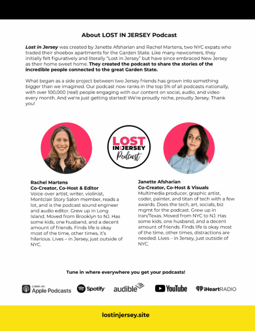 Informational flyer for the LOST IN JERSEY Podcast, featuring creators Rachel Martens and Janette Ashfarián, their photos, podcast details, and listening platforms on a black, white, and yellow background.